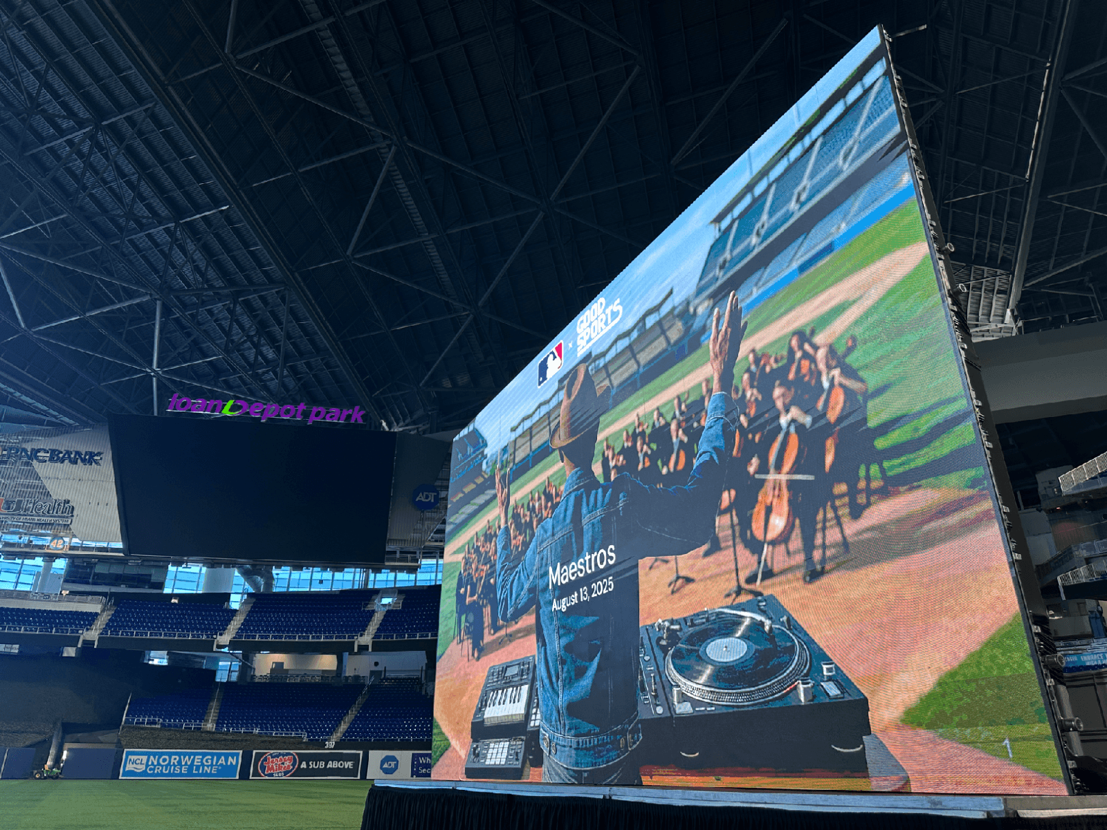 High-resolution LED video wall for the Pharrell Williams music video at LoanDepot Park